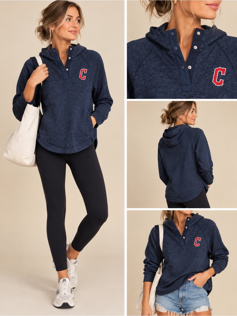 Women’s Navy Blue Pullover Hoodie with Snap Placket - Cleveland Guardians